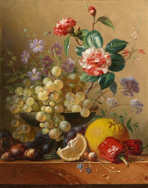 Georg Jacob Johannes van Os - Stillleben mit Weintrauben in einer Silberschale, Kamelienzweig, Zitrone, Paprika, Kastanien und Nüssen auf einer Marmorplatte