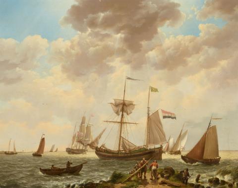 Johannes Hermanus Koekkoek - Beach Scene with Sailing Boats