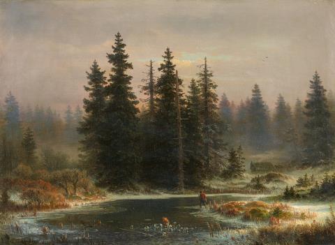 Andreas Achenbach - Landscape with pines and a Hunter