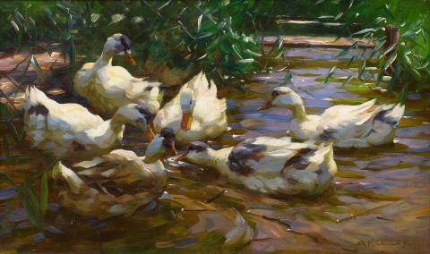 Alexander Koester - Six ducks in blue reed water