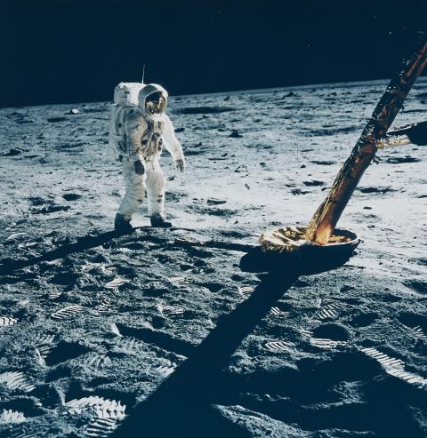 NASA - Astronaut Edwin E. Aldrin Jr. walks on the Moon near a leg of the Lunar Module, Apollo 11
