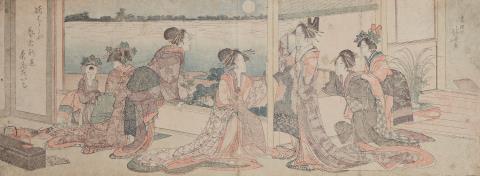 Katsushika Hokusai - Courtesans, geisha, shinzô and kamuro enjoying the full moon