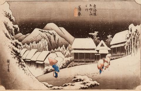 Utagawa Hiroshige - Evening in Kanbara with snow