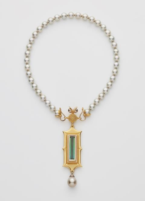 Wilhelm Nagel - A German Akoya cultured pearl necklace with a forged 18k gold granulation green tourmaline and Tahiti pearl drop pendant.