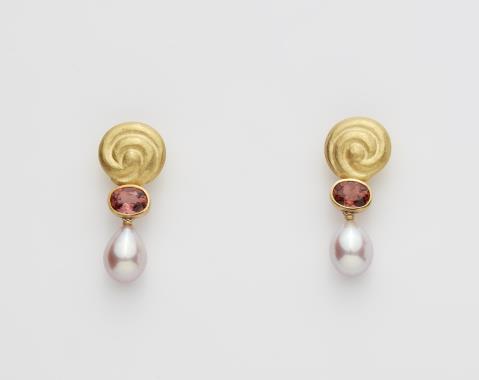 Renate Wander - A pair of German 18k gold, pink tourmaline and cultured pearl droplet stud earrings.