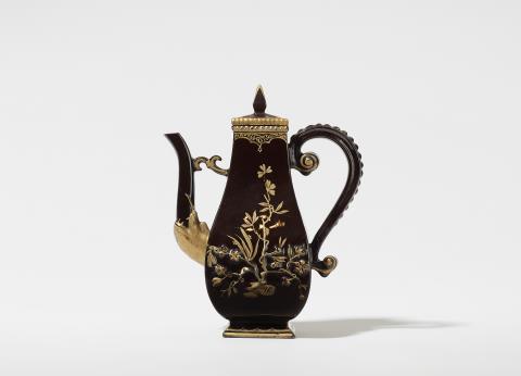 A rare early Meissen Böttger stoneware coffee pot with lacquered decor