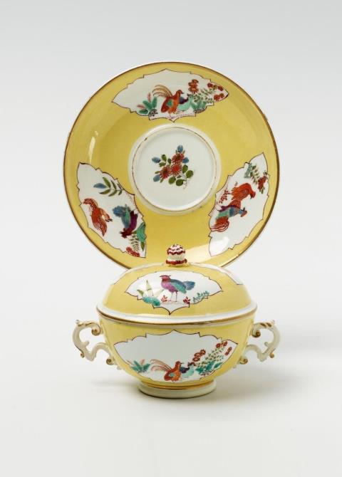A Meissen porcelain ecuelle on stand with yellow ground