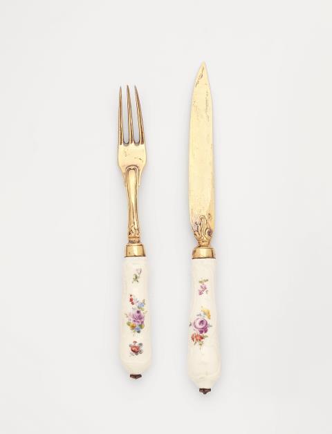 A knife and fork with Meissen porcelain handles