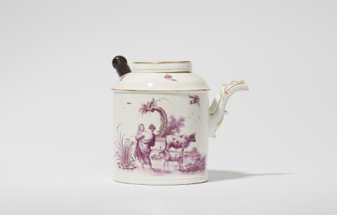A rare Höchst porcelain hot chocolate pot with a motif after Nicolaes Berchem