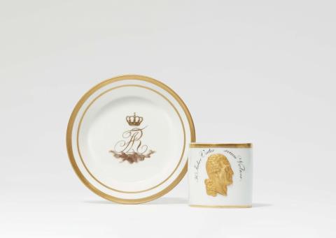  Meissen Royal Porcelain Manufactory - A Meissen porcelain cup and saucer commemorating King Friedrich August I's 50th jubilee