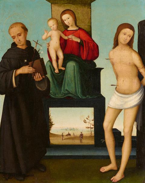 Master of the Maddalena Assunta - Madonna and child enthroned with Saint Nicholas of Tolentino and Saint Sebastian