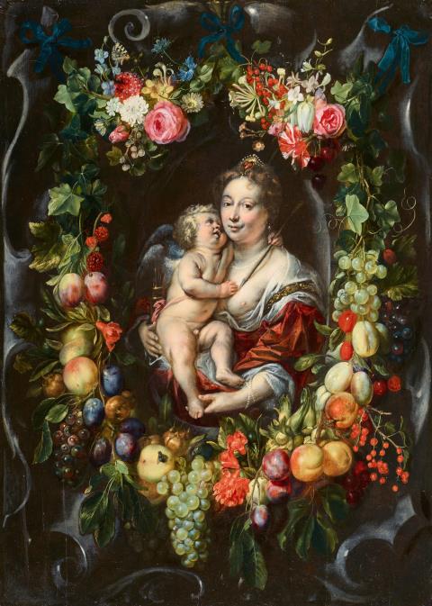 Cornelius Schut - Venus and Cupid surrounded by a floral wreath