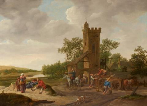 Jan Steen - Landschaft an einem Fluss und mit einem Turm, davor be- oder entladen Männer einen Karren sowie weitere Figuren, darunter ein Reiter, eine Mutter mit Kindern und zwei rastende Männer