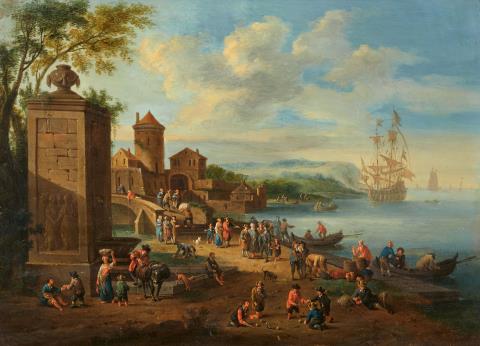 Pieter Bout - Buntes Treiben an einem Hafen vor einer befestigten Stadt