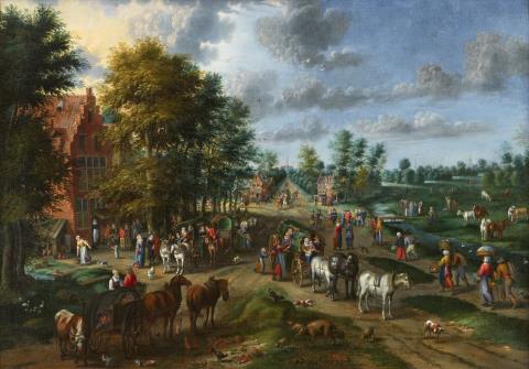 Karel Breydel, called Le Chevalier - Large Flemish Village Landscape with Rich Staffage