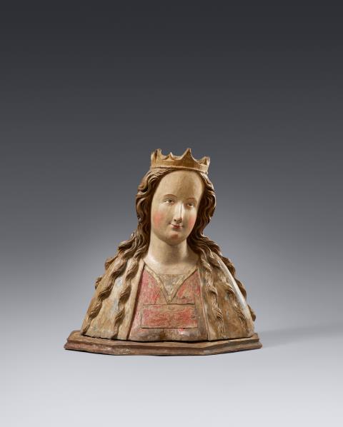 Probably Cologne late 15th century - A presumably Cologne late 15th century carved wooden reliquary bust of a saint
