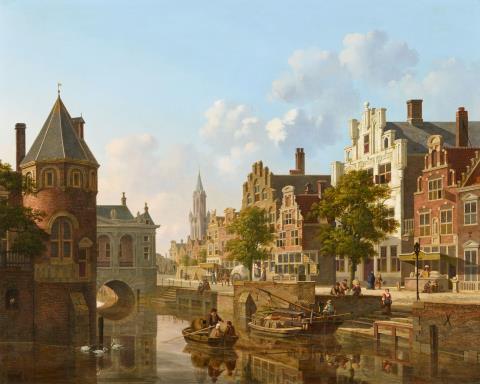 Jan Hendrik Verheyen - Busy Scene on a Canal in a Dutch Town