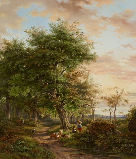 Johannes Gijsbertus van Ravenswaay - Shepherds Resting by a Tree in the Evening Sun