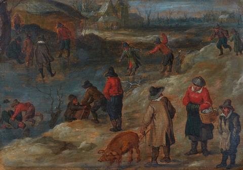 Jan Brueghel the Younger, attributed to - Winter Village Landscape with Skaters