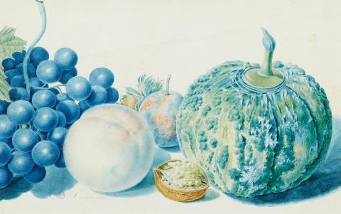 Michiel van Huysum - Stillleben mit Trauben, Pfirsich, Nüssen, einer Pflaume und einem Kürbis