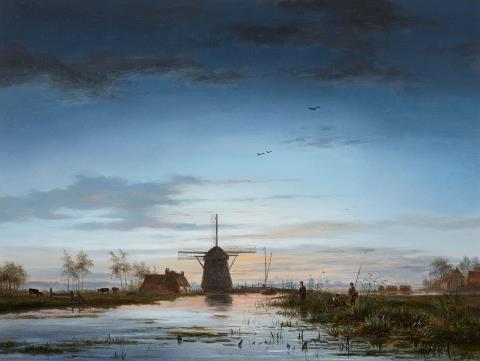 Jacobus Theodorus Abels, zugeschrieben - Angler an einem Kanal mit einer Windmühle im Hintergrund