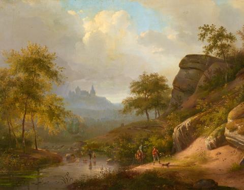 Andreas Schelfhout - Landscape with a Castle and Figures