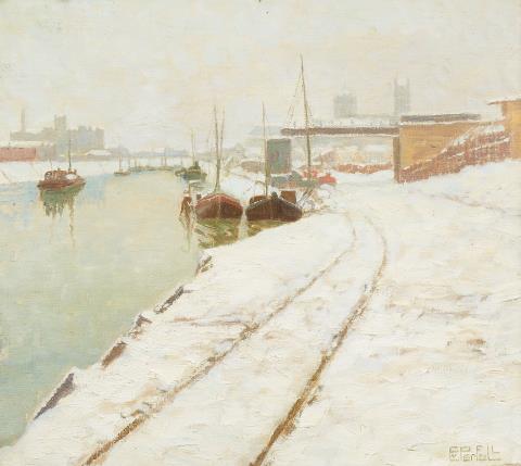 Erich von Perfall - Blick auf den Neusser Hafen mit St. Quirin im Hintergrund