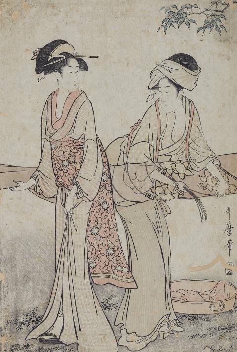 Kitagawa Utamaro - Zwei Frauen spannen einen sehr dünnen Seidenstoff zum Trocknen auf