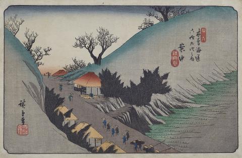 Utagawa Hiroshige - Annaka. Head of a samurai train passes tea stalls along the road into Annaka