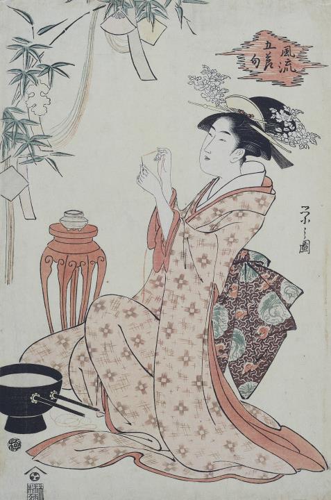 Eishi Hosoda - A young woman threading seven needles as a Tanabata festival