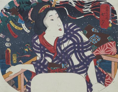 Kunisada Utagawa - A young woman on a roof in the evening