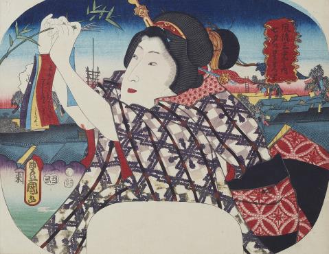 Kunisada Utagawa - Junge Frau Gedichtstreifen zum Tanabata-Fest aufhängend