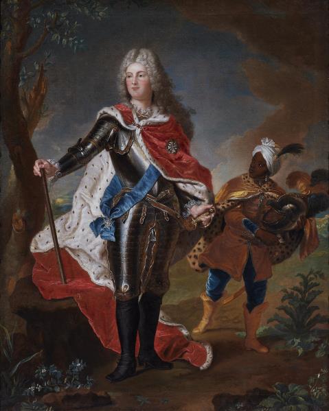 Hyacinthe Rigaud - Frederick Augustus III of Saxony in armour and accompanied by a page