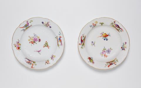  Meissen Königliche Porzellanmanufaktur - Paar Speiseteller aus dem Tafelservice für König Friedrich II. mit indianischen Vögeln, Blumen und Früchten