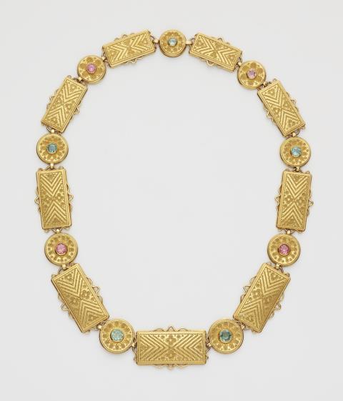 Rolf Goldschmitt - A German 18k gold granulation and coloured tourmaline necklace.