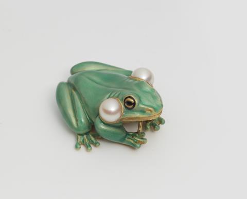 Otto Jakob - A German one of a kind 18k gold enamel and pearl frog with sound bubbles.