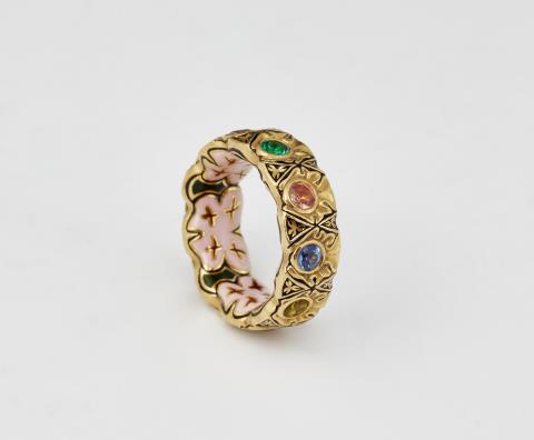 Otto Jakob - A one of a kind German 21k gold polychrome enamel and coloured gemstone ring.