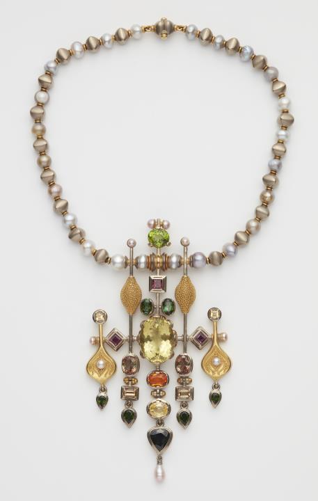 Wilhelm Nagel - A German one of a kind coloured Biwa pearl necklace with a splendid large 18k gold pearl and coloured gemstone pendant.