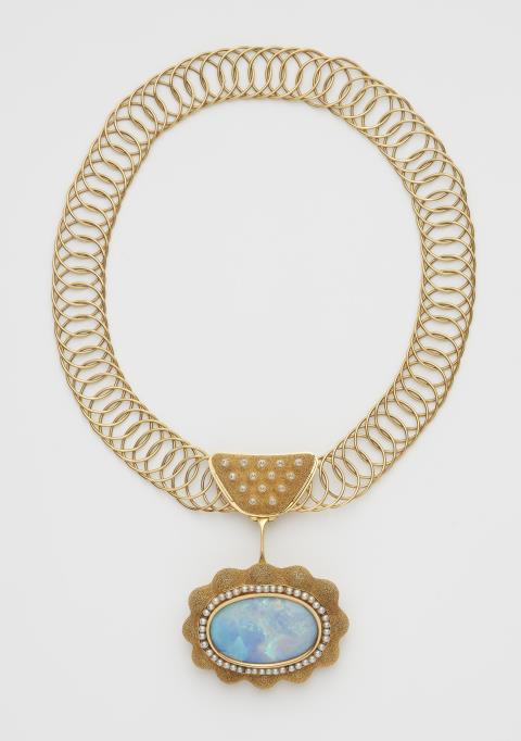 Wilhelm Nagel - A German hand-forged 18k gold wire necklace with a large granulation and black opal pendant brooch.