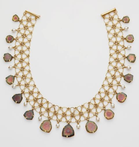 Elisabeth Treskow - An 18k gold wire watermelon tourmaline and pearl fringe necklace.