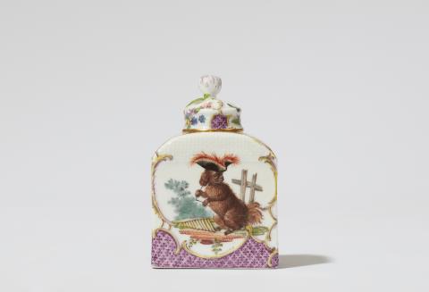  Meissen Royal Porcelain Manufactory - A Meissen porcelain tea caddy with a dog in a costume and poultry