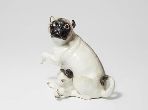  Meissen Royal Porcelain Manufactory - A large Meissen porcelain model of a pug dog and pup