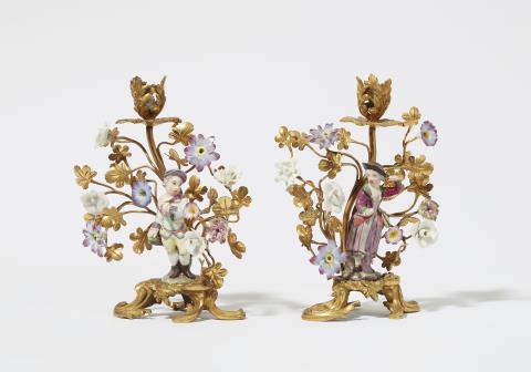  Ludwigsburg - A pair of ormolu mounted Ludwigsburg porcelain candlesticks