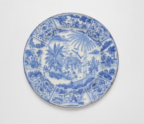  Delft - A rare Dutch Delft dish with an elephant and rider