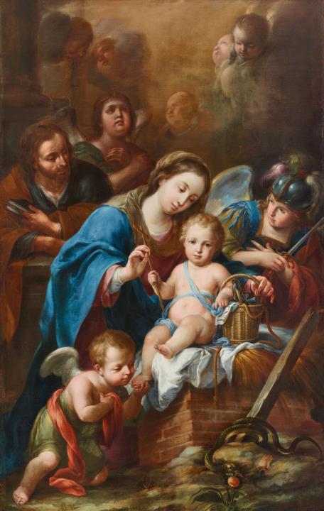  Spanish School - The Holy Family with archangel