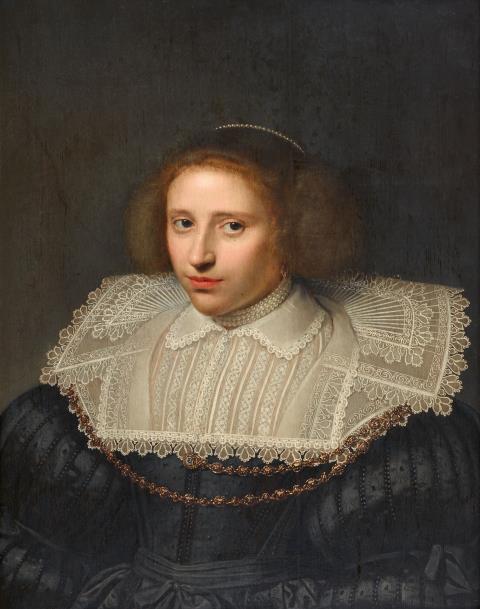 Anthonie Ravesteyn - Portrait of a Young Woman with Pearls and Gold Necklaces in a Black Dress with a large Lace Collar