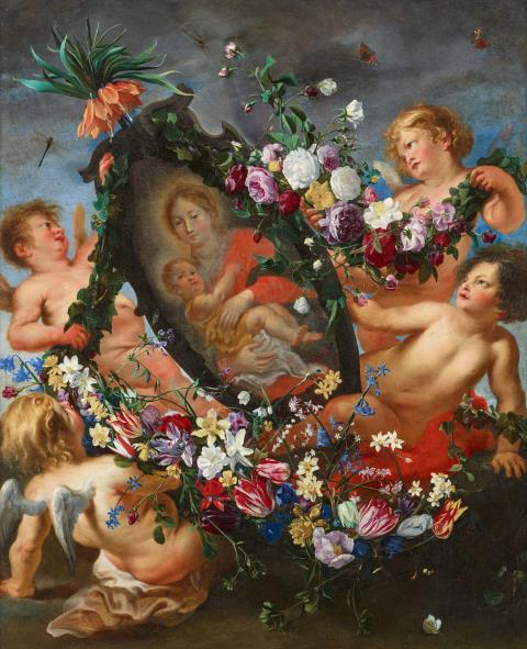 Cornelius Schut - Image of the Virgin and Child borne aloft by Cherubim and Adorned with Garlands