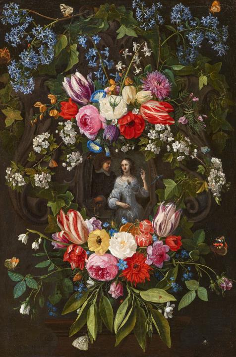 Jan van Kessel d. Ä. - Blumengirlande mit einem eleganten Paar in der Mitte