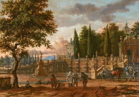 Abraham Storck - Palace Park with Elegant Company departing for a Falcon Hunt