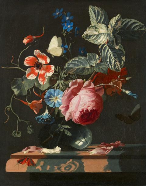 Simon Verelst - Rose, Anemone, Vergissmeinnicht, Ackerwinde, Kapuzinerkresse und Päonie in einer Glasvase auf einer Steinplatte